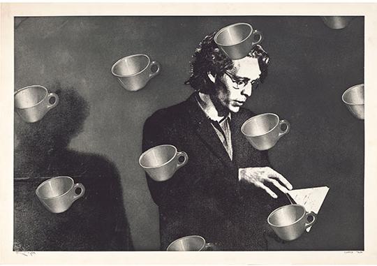 艺术品，印刷的男人的形象与茶杯重叠